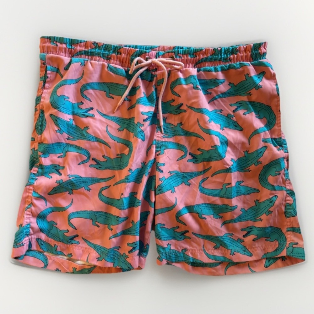 Club Room Mens Alligator‎ Swim Trunks Large Pink Teal Elastic Waist Pockets